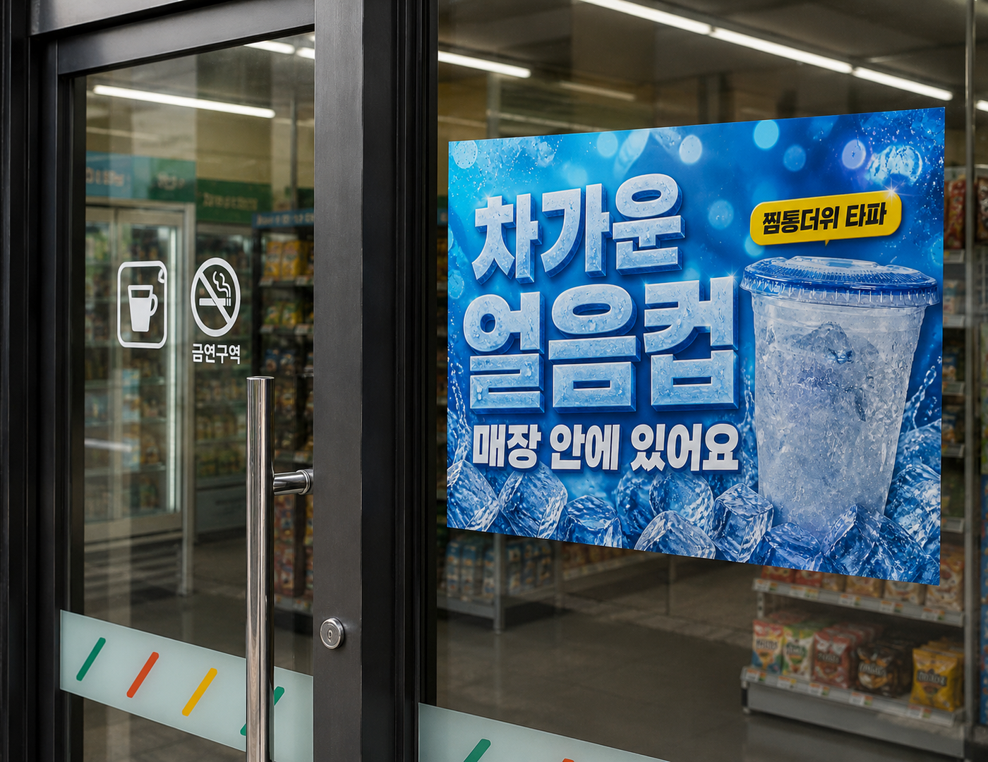 문에 붙인 손글씨 안내문을 컬러 포스터로 바꾼 전후 — 이후