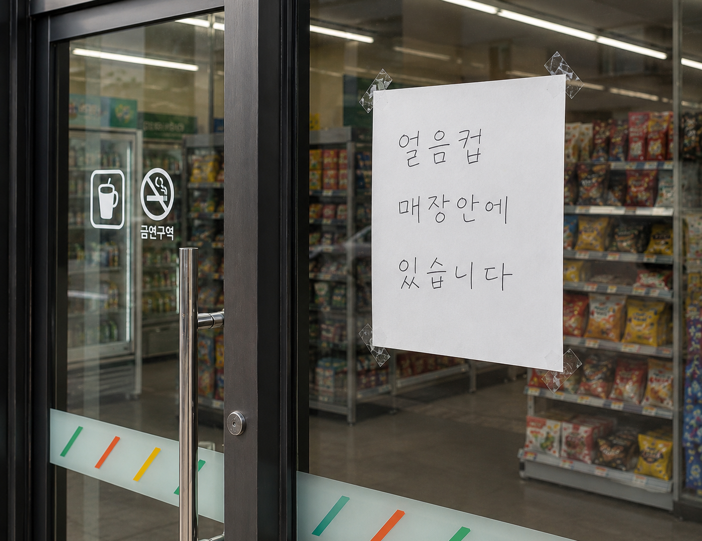 문에 붙인 손글씨 안내문을 컬러 포스터로 바꾼 전후 — 이전