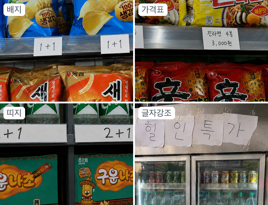 흰 종이·손글씨로 붙이던 배지·가격표·띠지·글자강조를 컬러 단색 POP로 바꾼 전후 2×2 — 이전