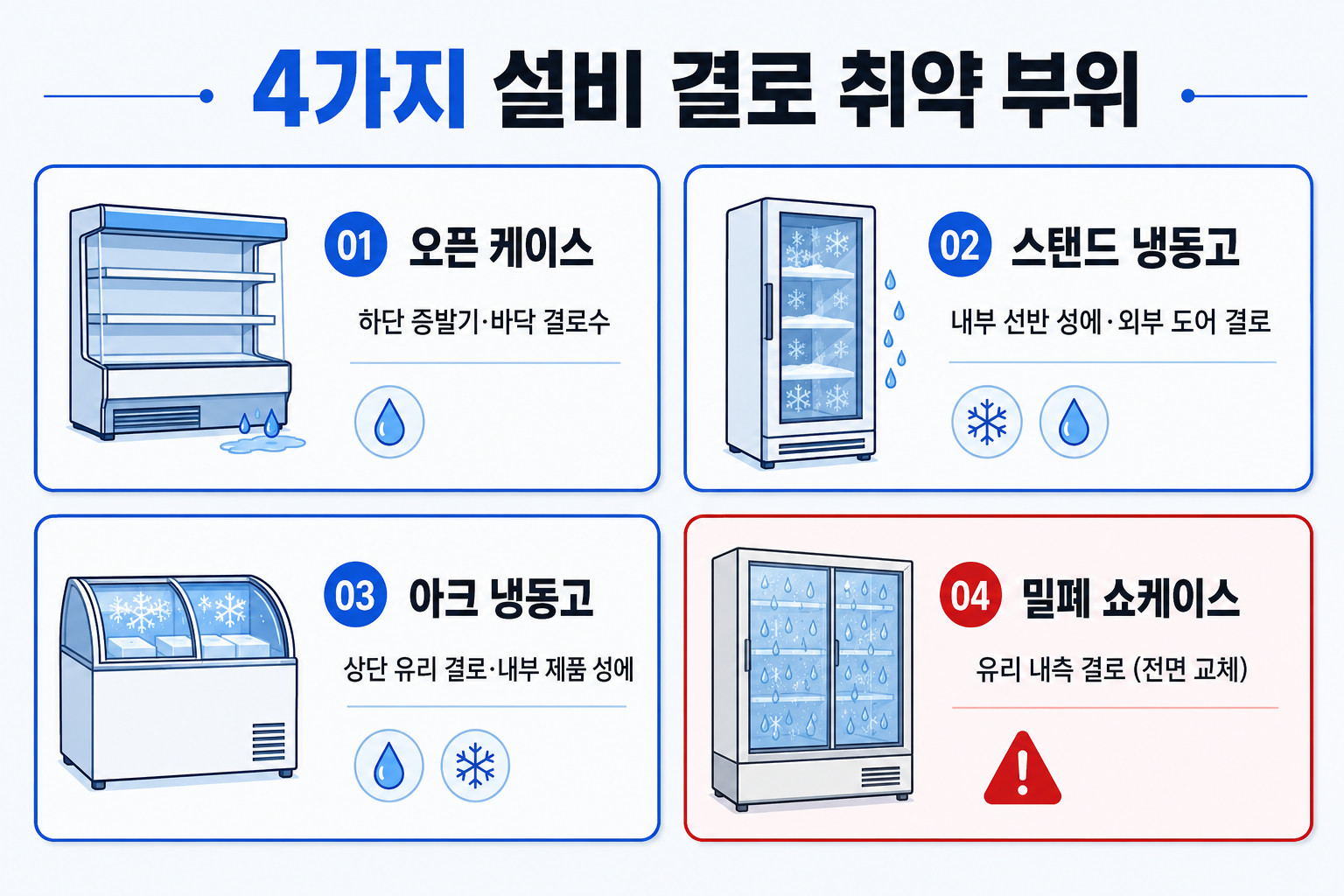 4가지 설비별 결로 취약 부위 — 오픈 케이스·스탠드 냉동고·아크 냉동고·밀폐 쇼케이스