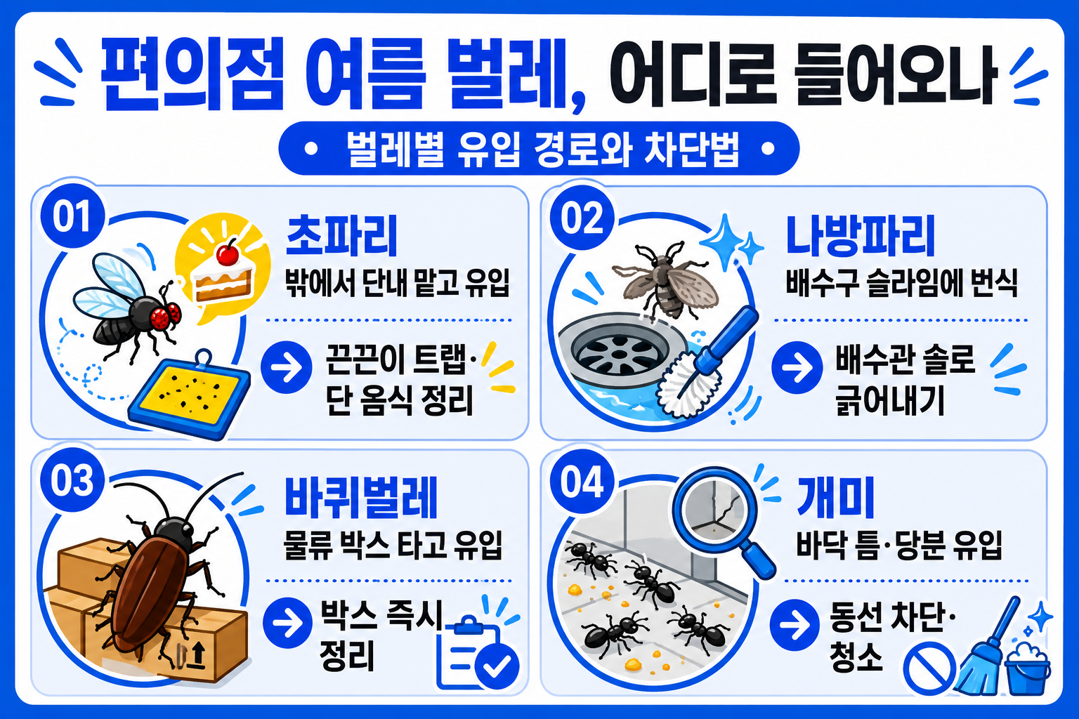 편의점 여름 벌레 초파리·나방파리·바퀴벌레·개미 유입 경로와 차단법 인포그래픽