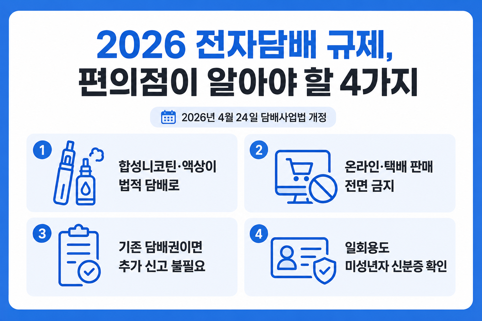 2026년 담배사업법 개정 합성니코틴 전자담배 편의점 판매 규제 4가지 인포그래픽