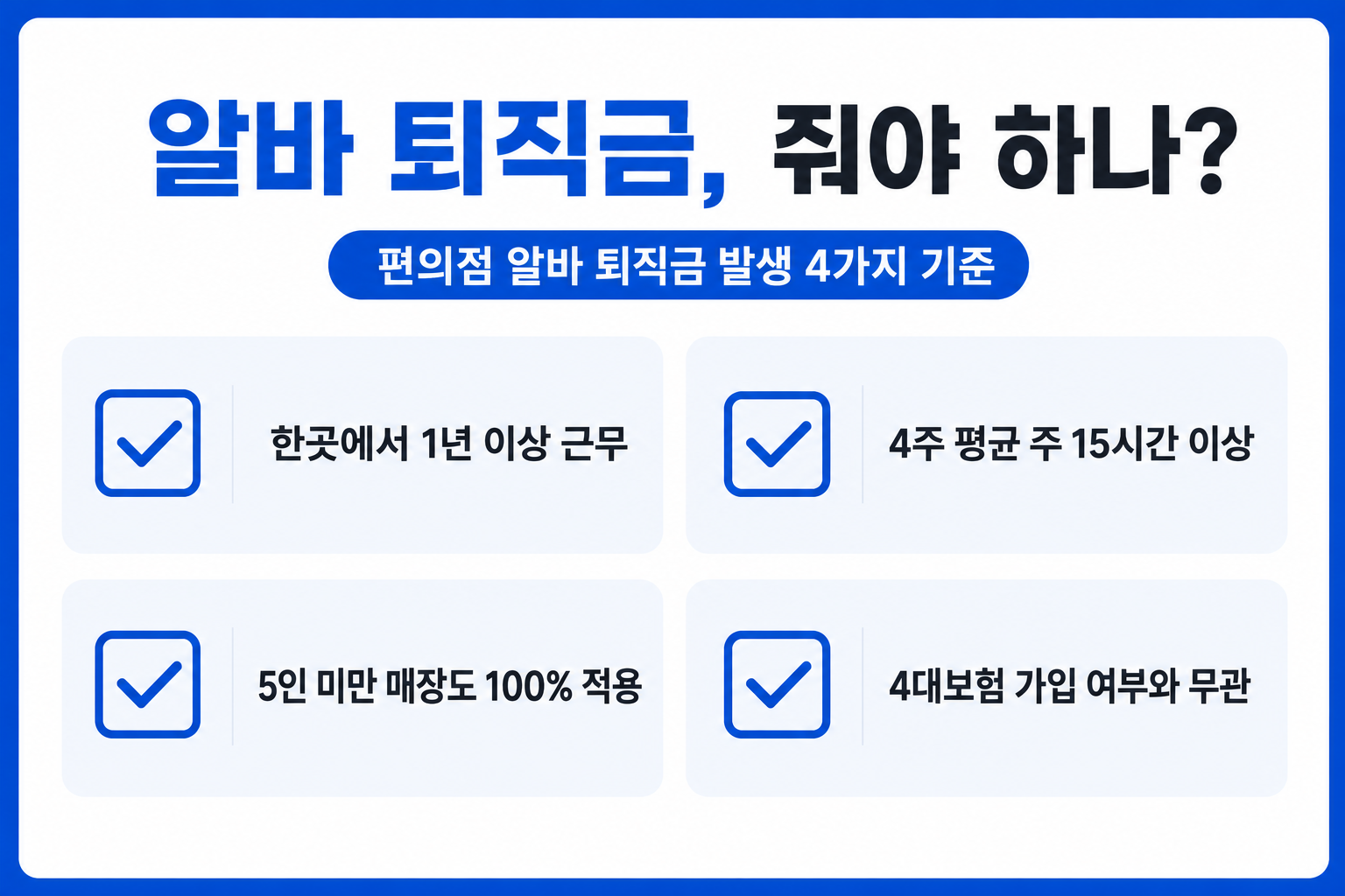 편의점 알바 퇴직금 발생 4가지 기준 1년·주15시간·5인미만·4대보험 인포그래픽